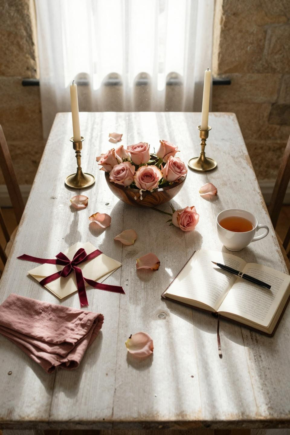 Valentines Day Decorations - overhead shot of wooden bowl with flowers