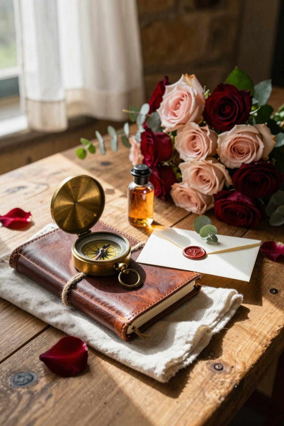 Valentines Day Decorations - close up gift vignette with vintage compass