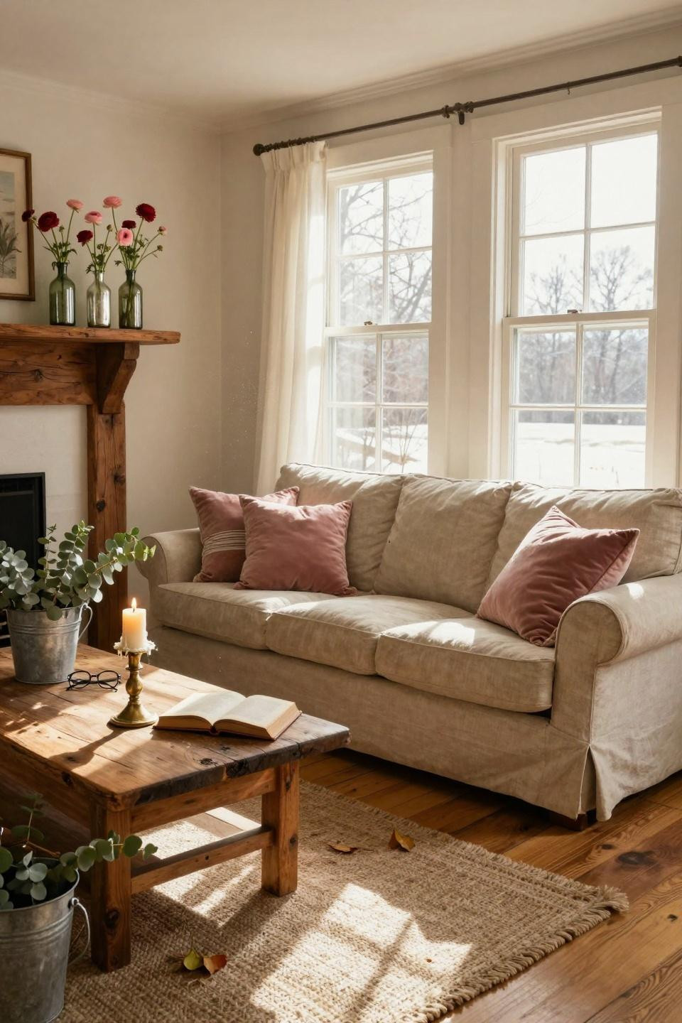 Valentines Day Decorations - farmhouse living room with vintage bottles and flowers