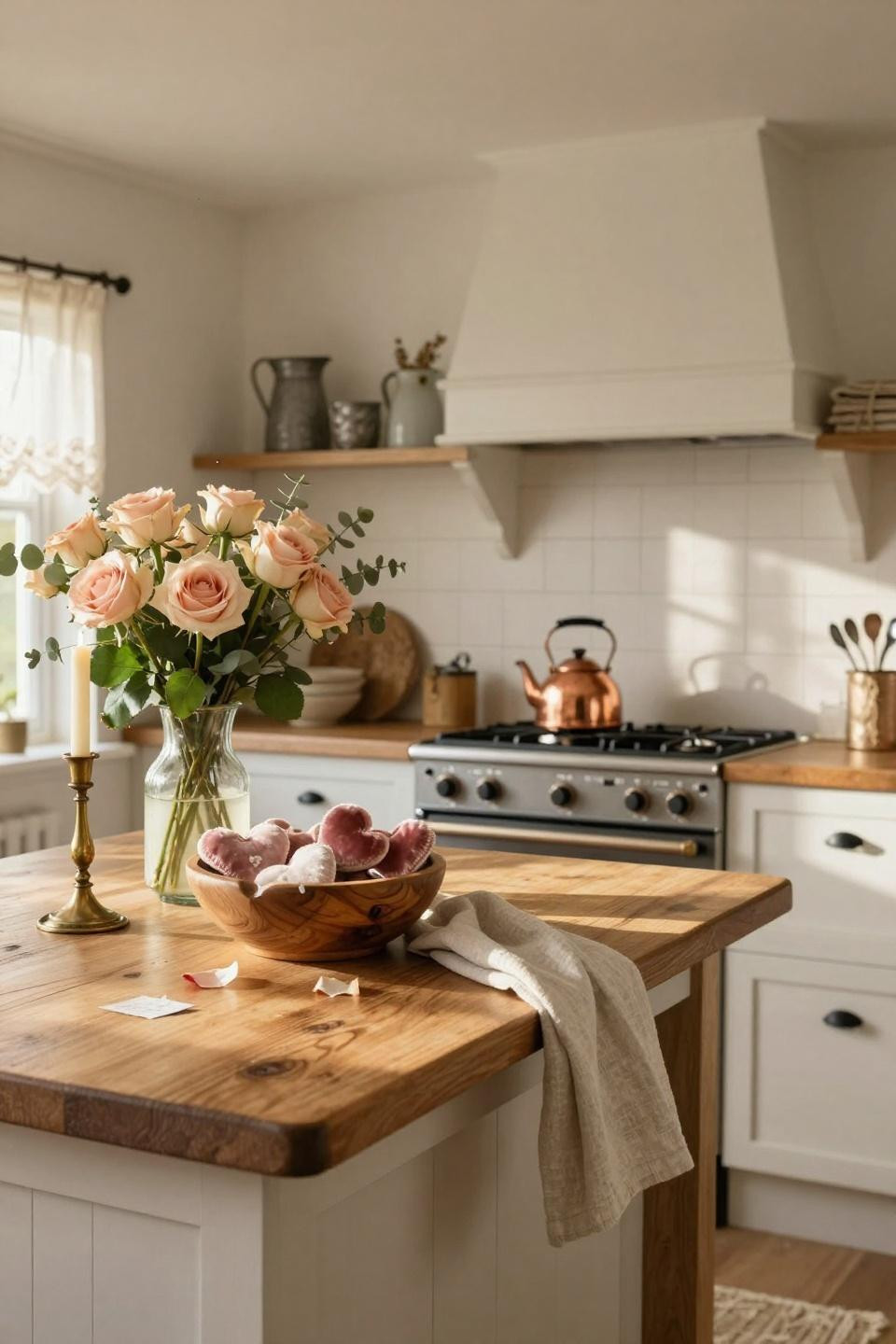 Valentines decorations for home on reclaimed oak butcher block