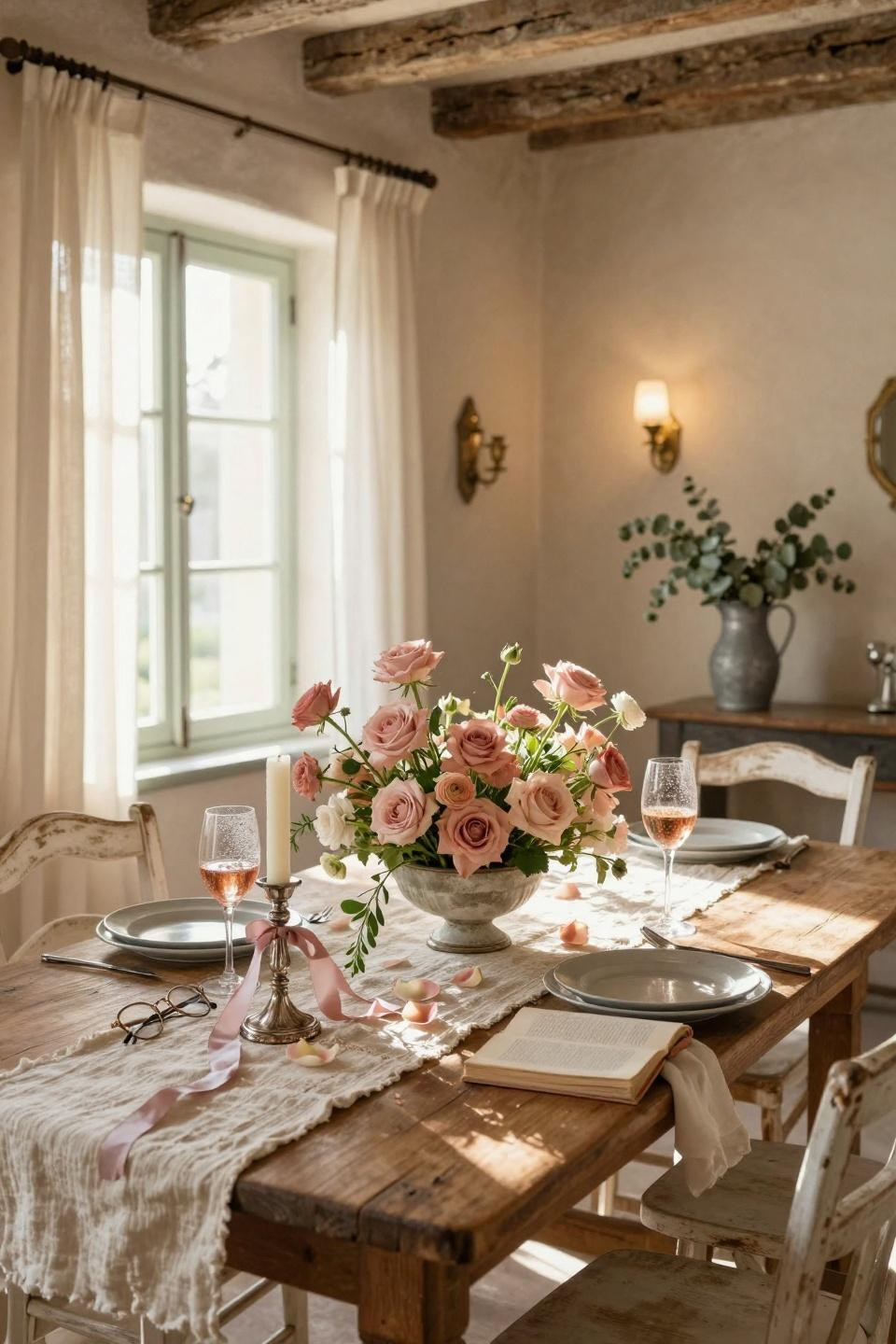 Valentines decorations for home with blush roses and ladder-back chairs