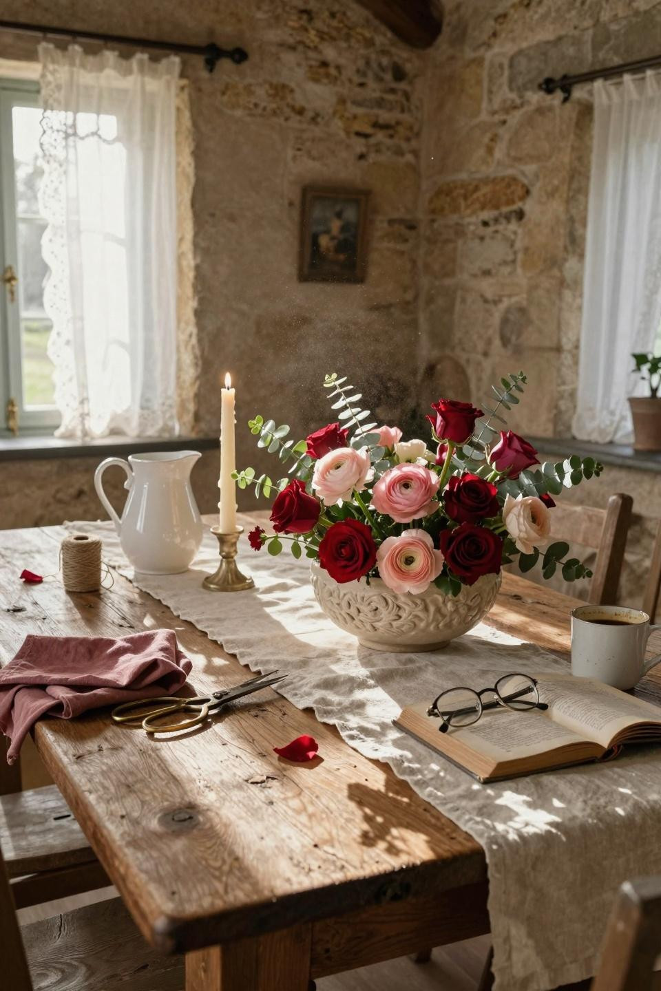 Valentines decorations for home in rustic French cottage dining room