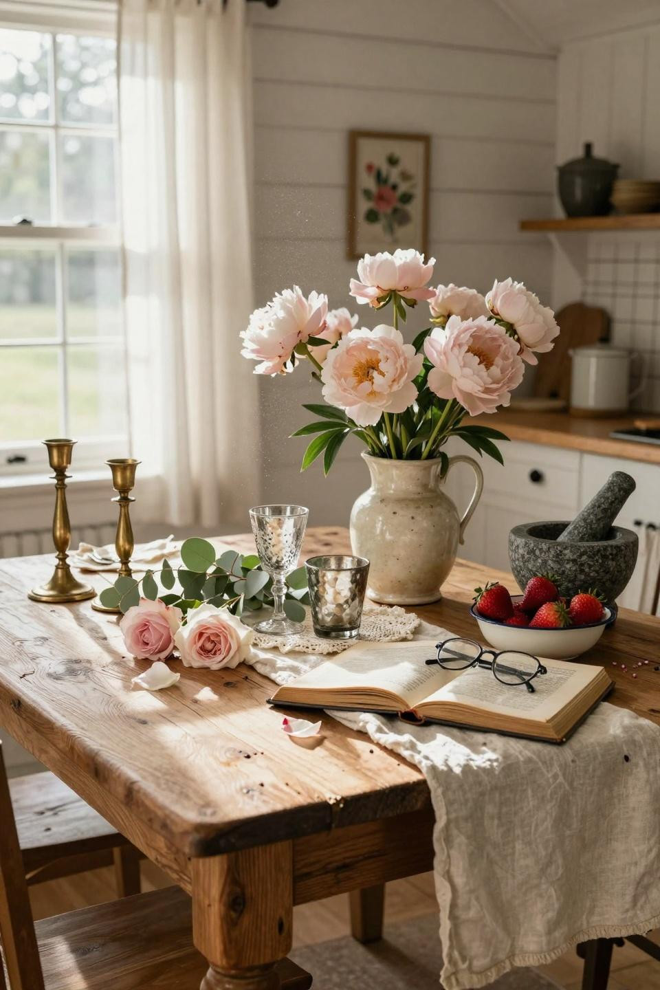 Valentines decorations for home in bright farmhouse kitchen