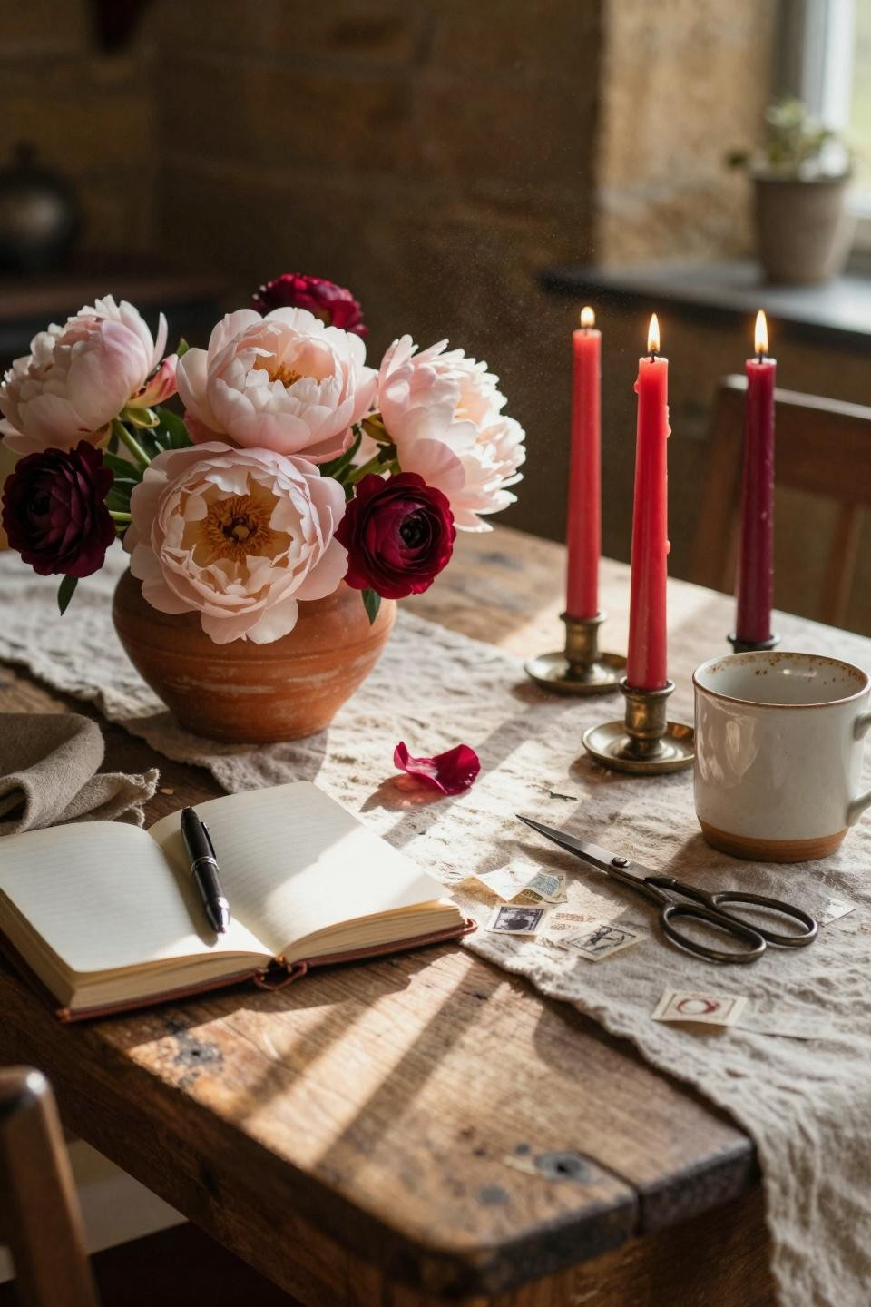 Valentines decorations for home with blush roses in vintage pitcher