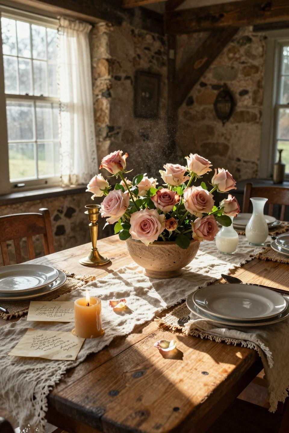 Valentines decorations for home in cozy stone cottage dining area