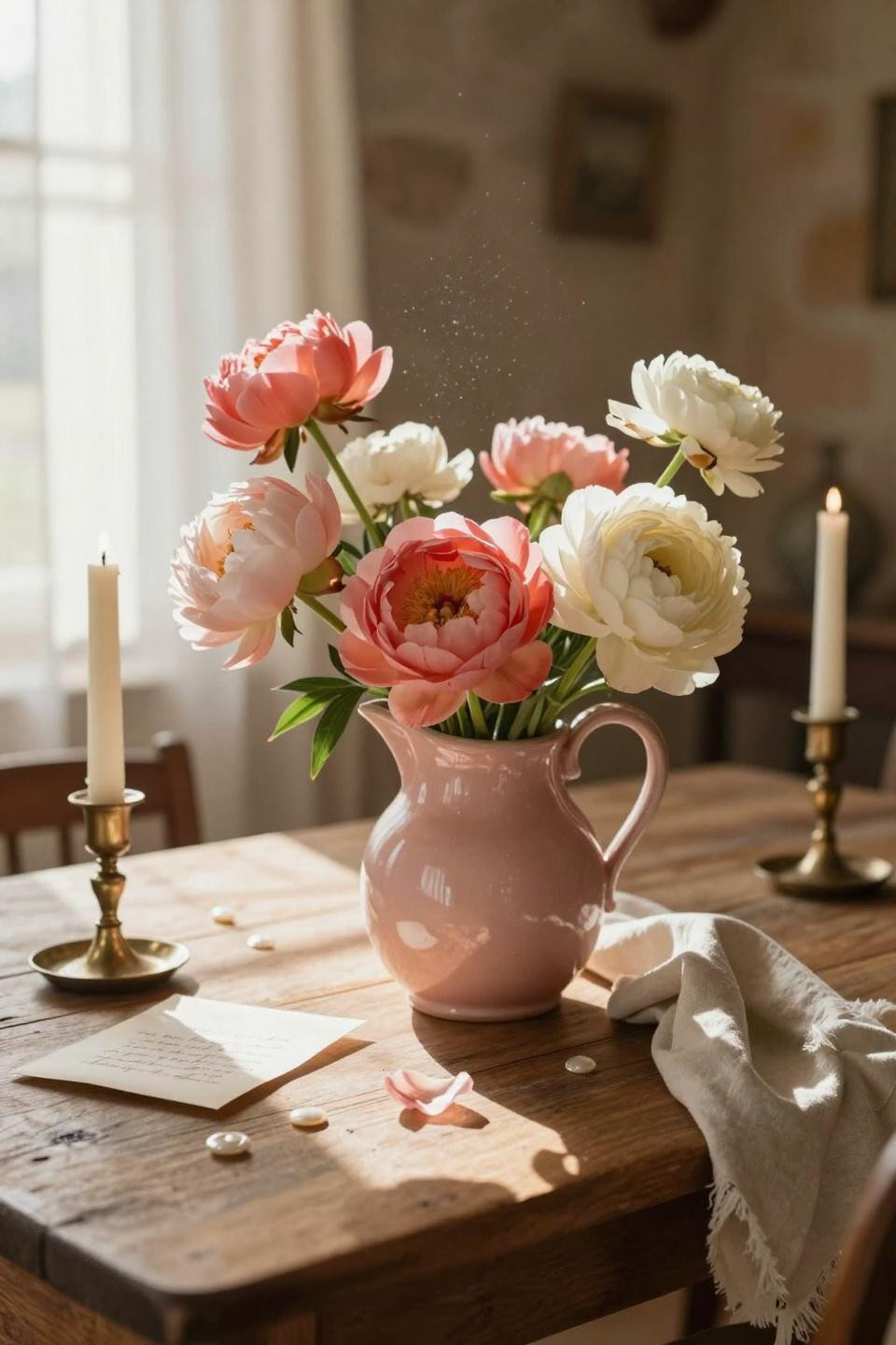 Valentines decorations for home featuring ceramic pitcher and peonies