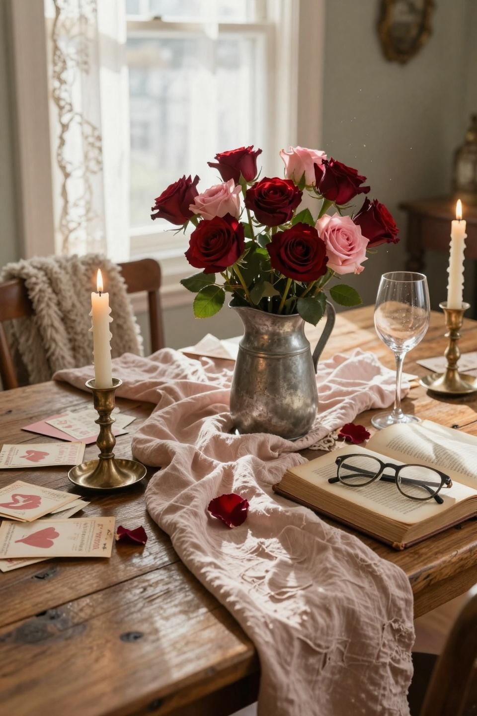 Valentines decorations for home with blush roses and linen napkins