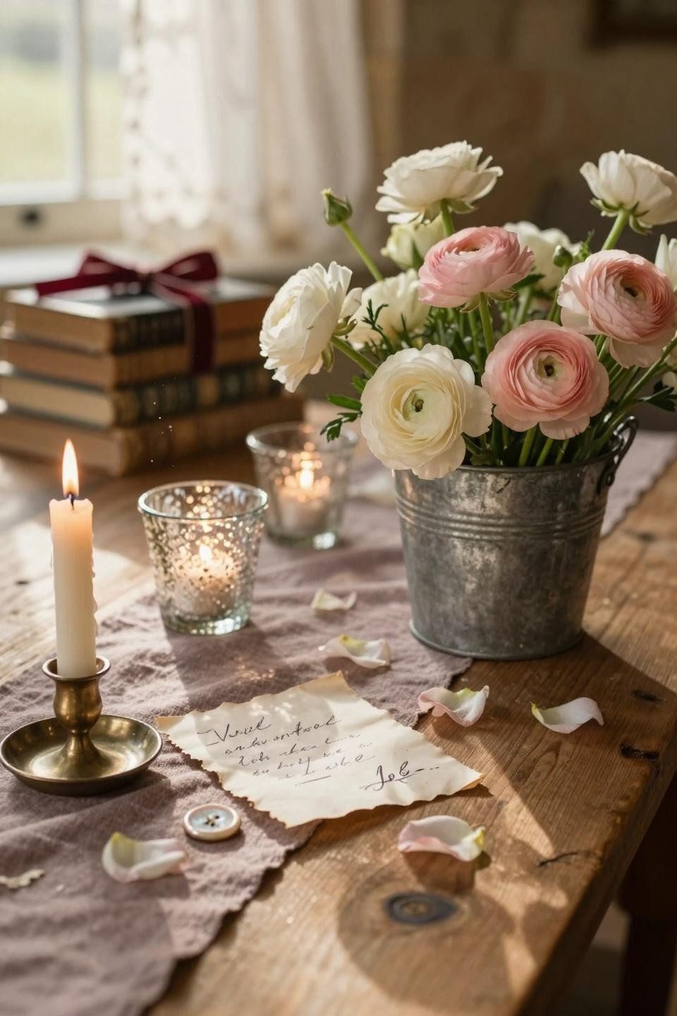 Valentines Day Decorations - farmhouse tablescape with soft pink flowers and brass