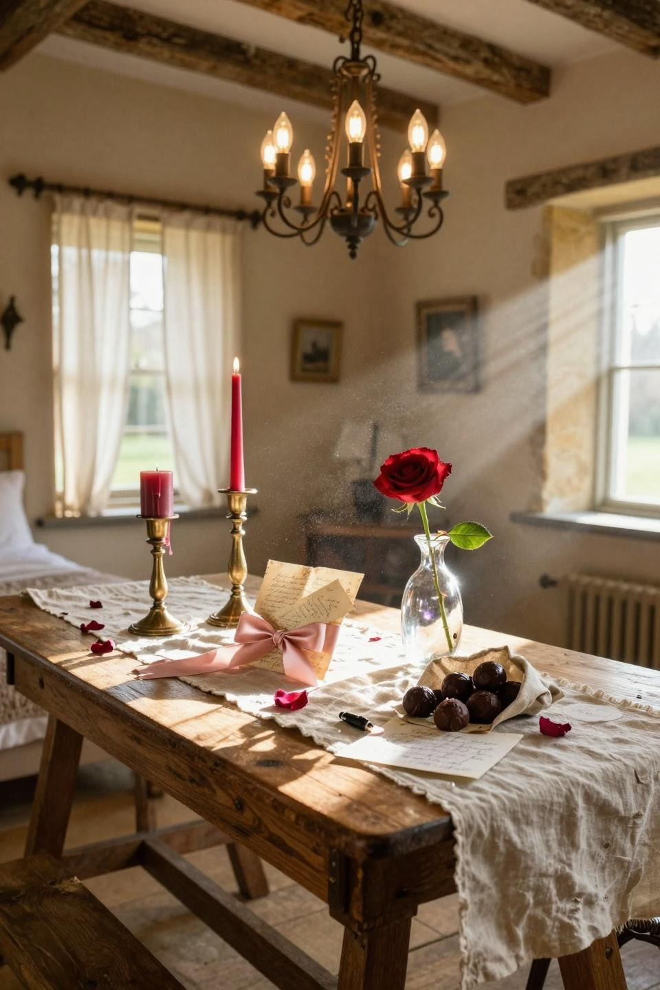 Valentines Day Decorations - gift vignette with deep red accents and statement chandelier