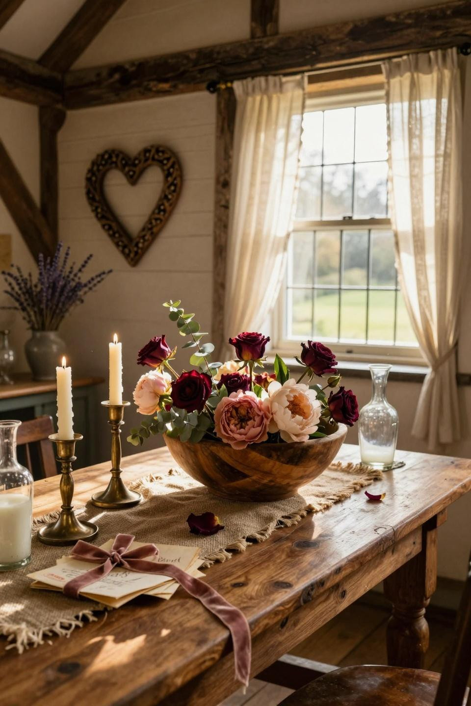 Valentines Day Decorations - console table with dried florals and rustic wood