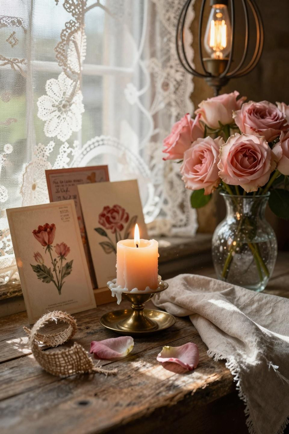 Valentines Day Decorations - closeup of candles and vintage touches with statement lighting