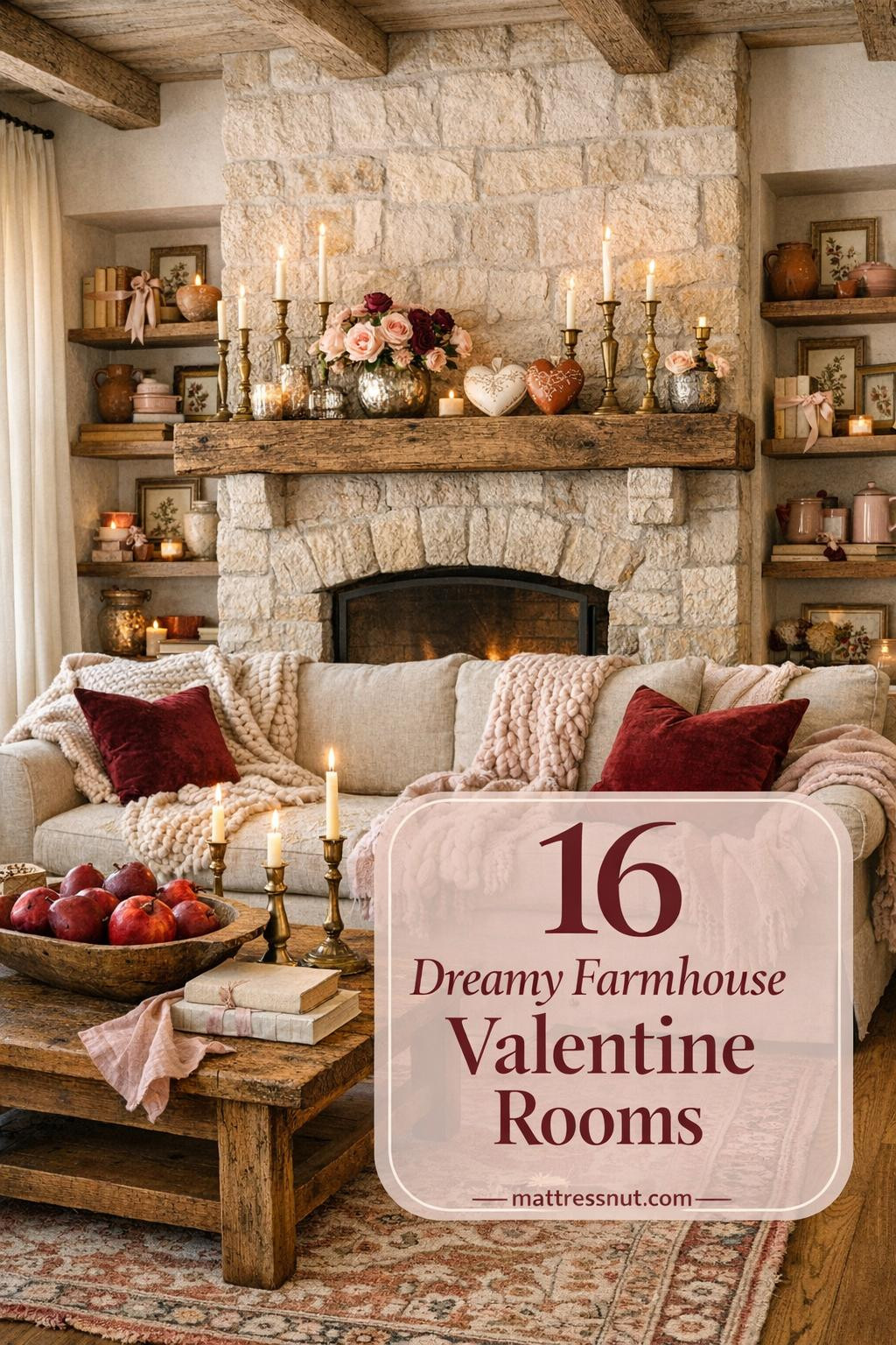 Farmhouse living room with white oak mantel, blush roses, burgundy ranunculus, linen sofa, vintage Persian rug, rustic decor