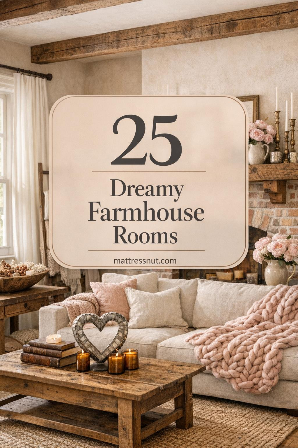 Cream living room with brick fireplace, blush peonies in ceramic pitchers, brass candlesticks, linen sofa, rose throws, heart wreath