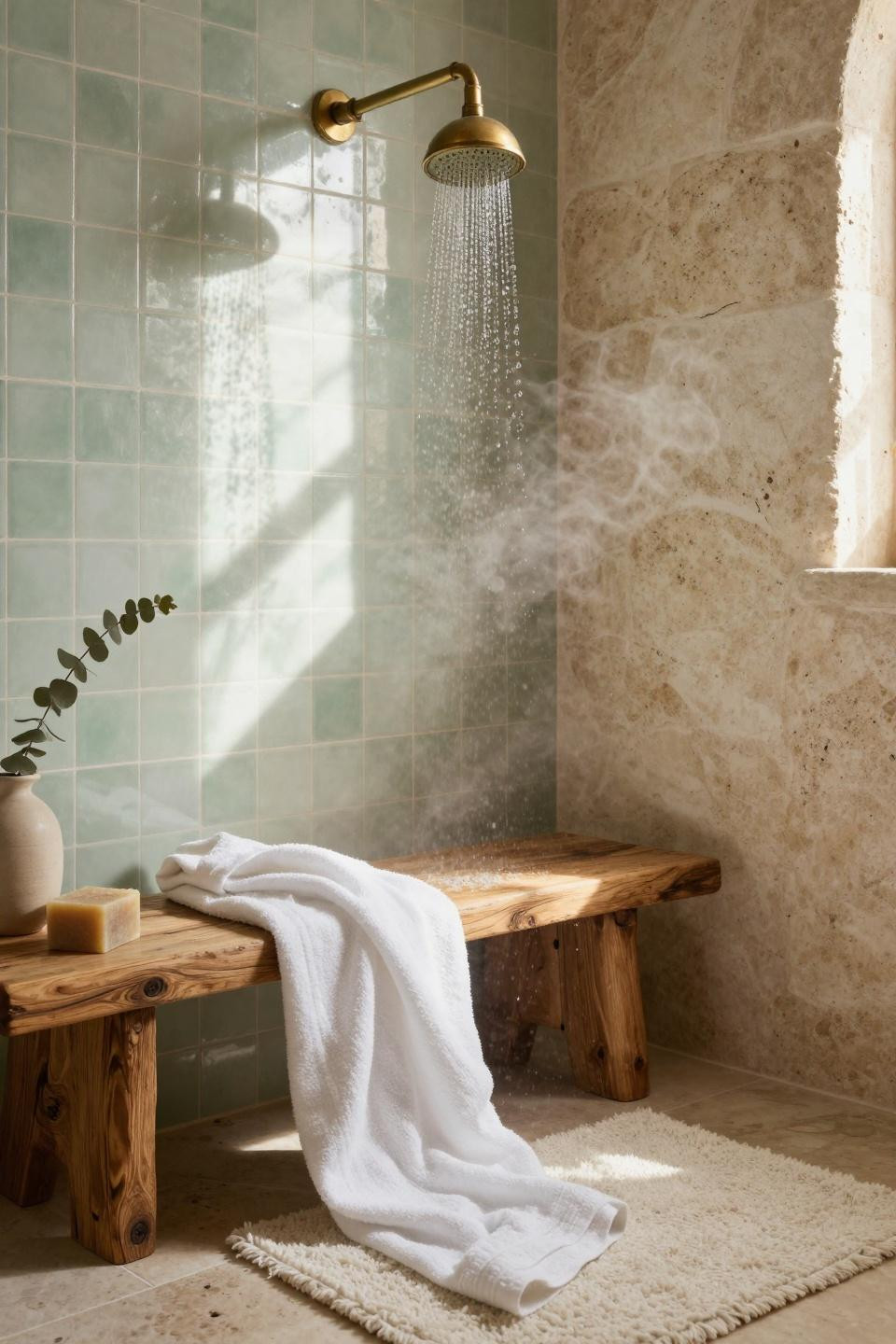Master Bathrooms With Walk In Showers - rustic shower with green tile and oak bench
