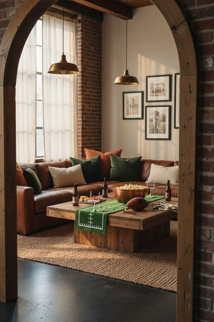 Football party decorations in urban loft space