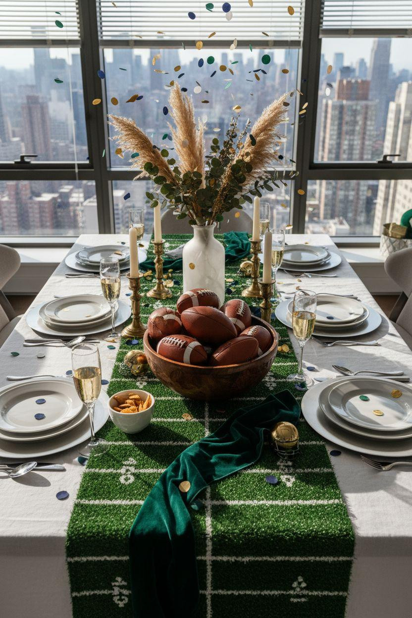 Football party decorations with artistic centerpiece design