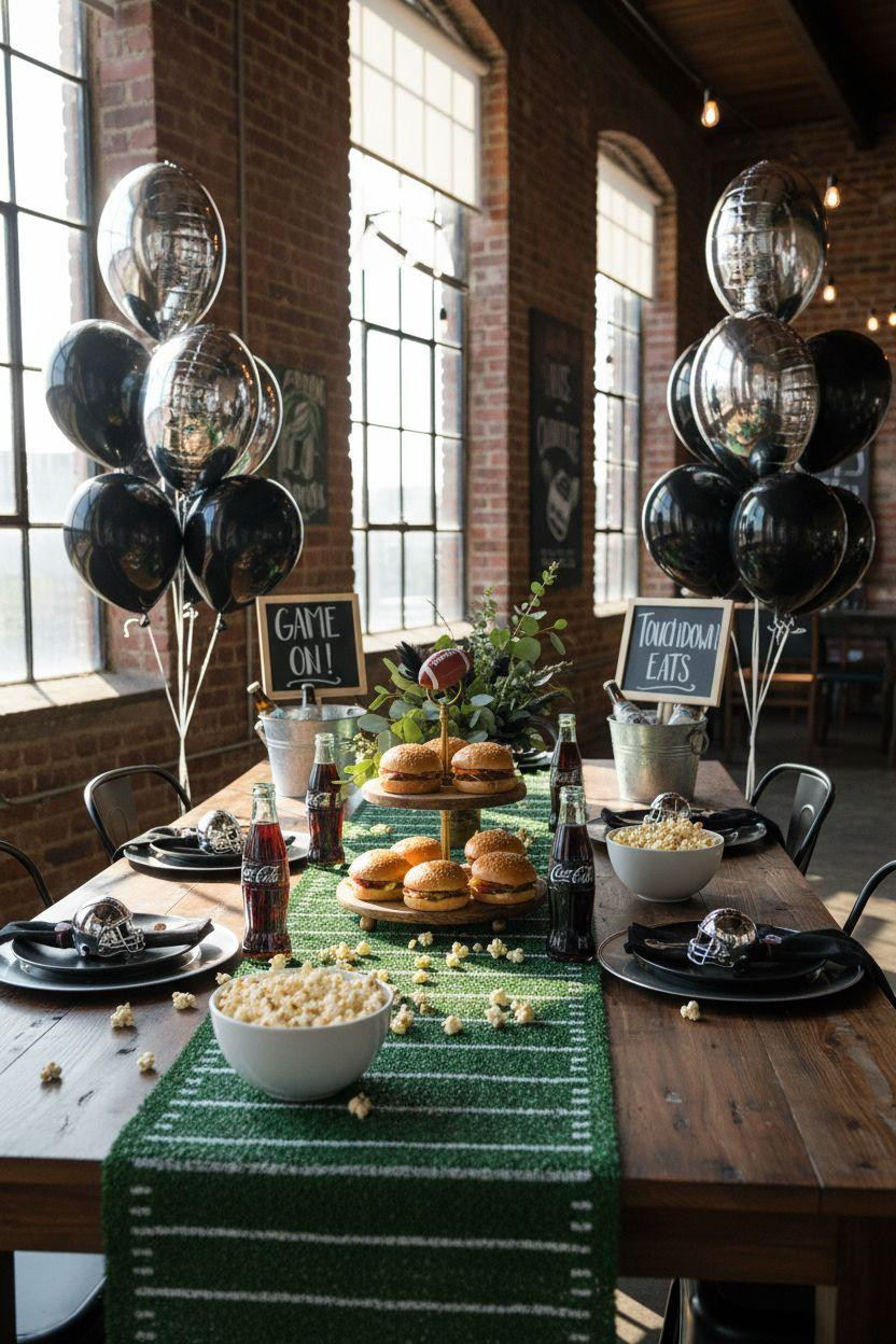 Football party decorations with metallic balloon arrangements