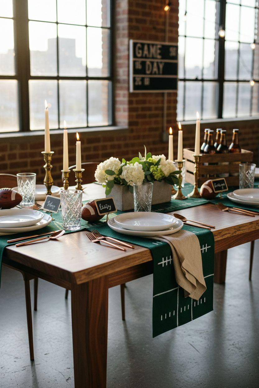 Football party decorations with warm leather tones