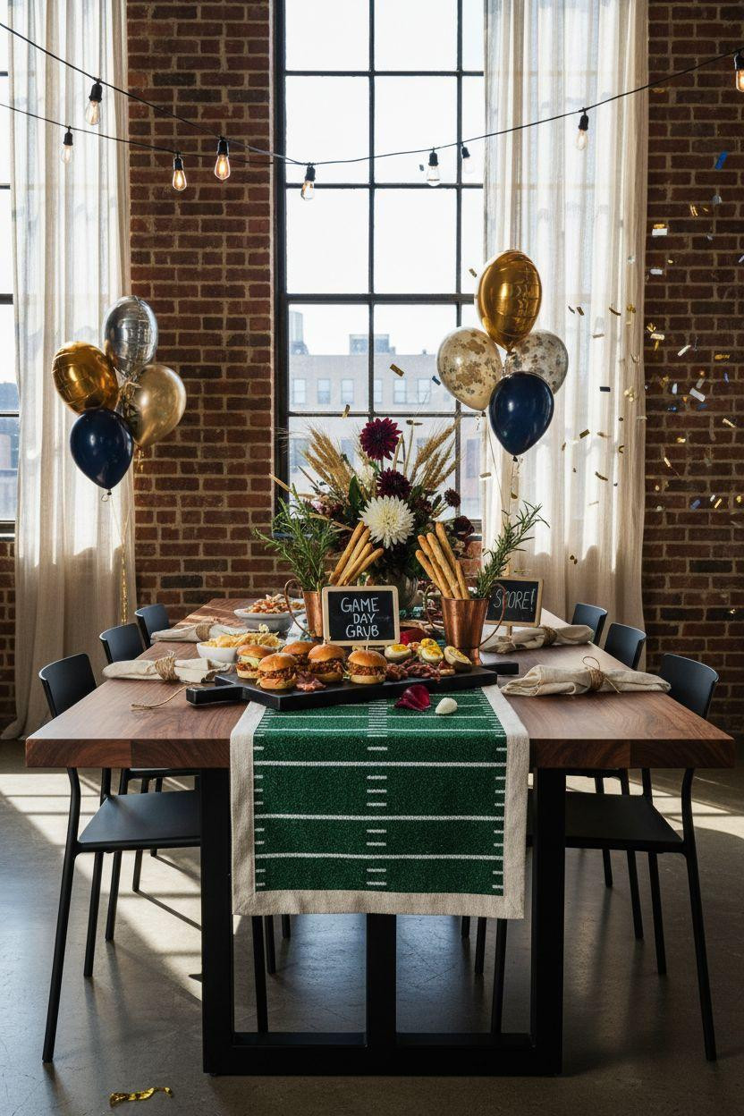 Football party decorations in sophisticated loft setting