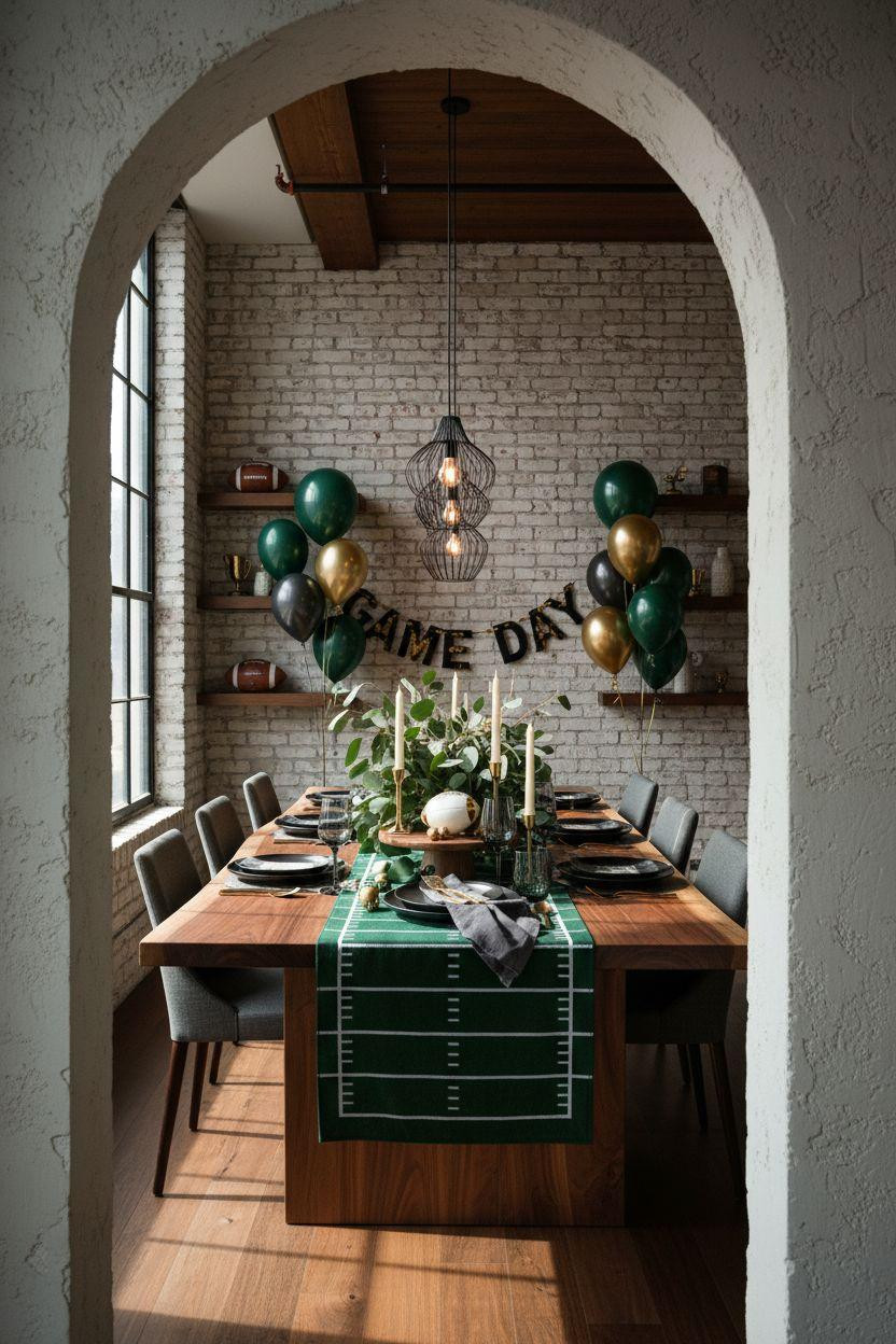 Football party decorations with elegant black and gold palette
