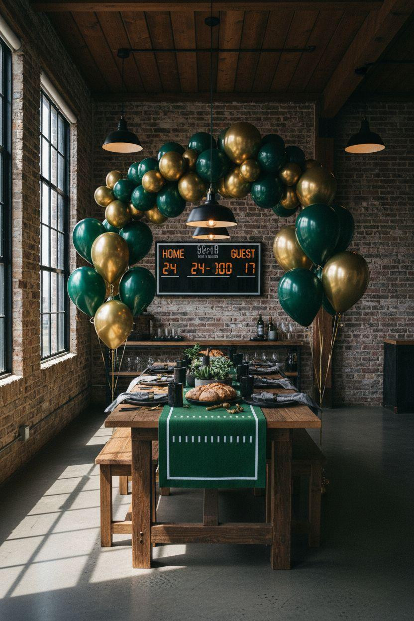 Football party decorations with cascading balloon display