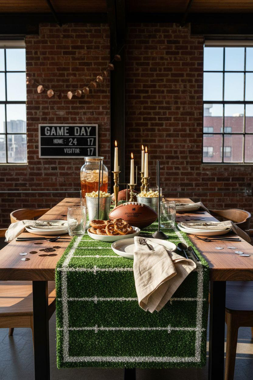 Football party decorations featuring warm wood tones