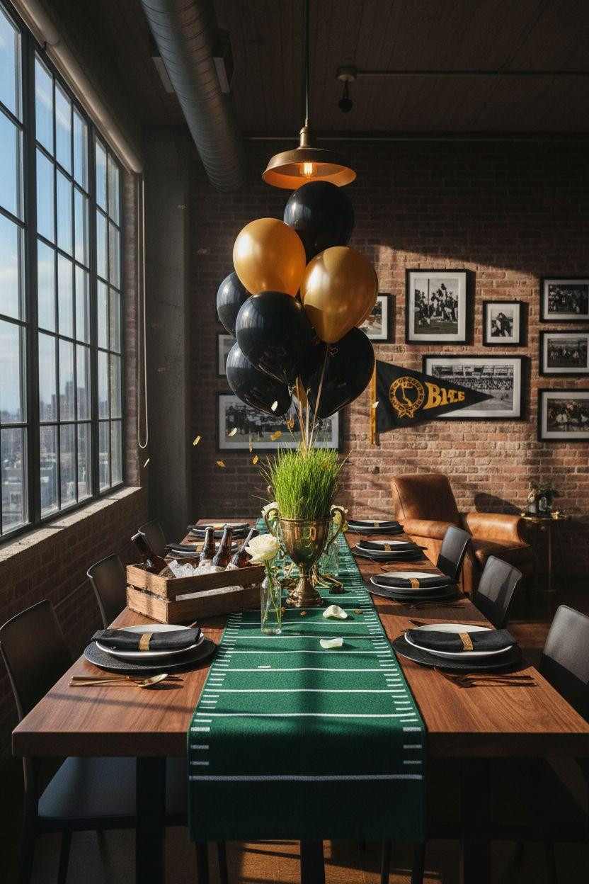 Football party decorations in luxury penthouse setting