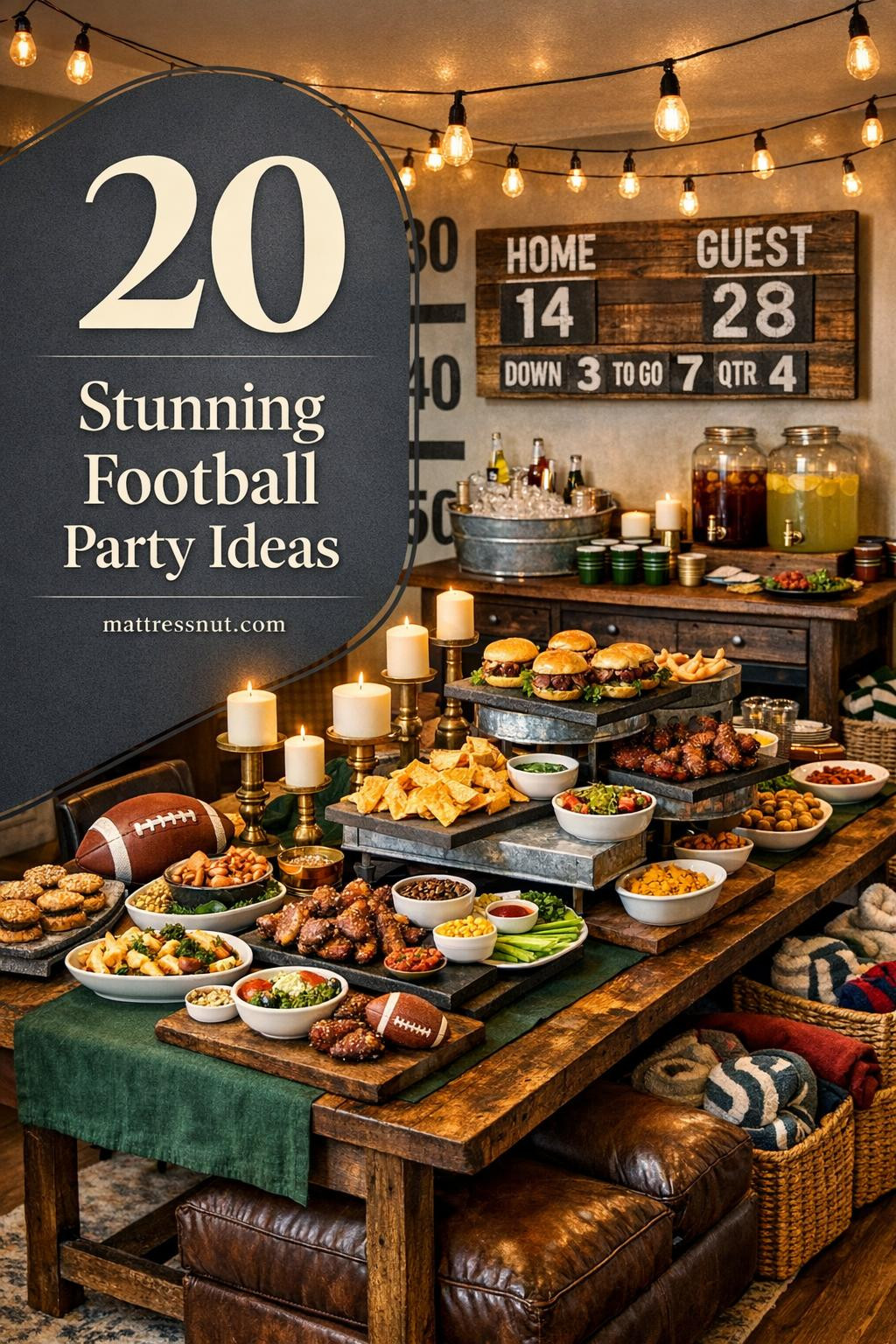 Dining room with reclaimed wood table, tiered food displays, forest green linens, Edison bulb lights, leather seating