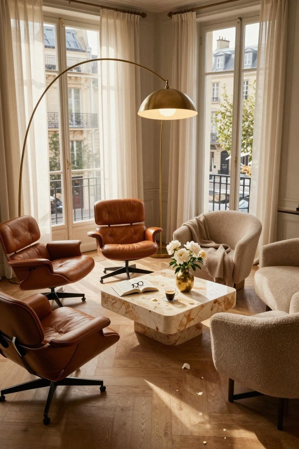 2 Chairs Sitting Area featuring Eames lounges and bouclé armchairs in square formation