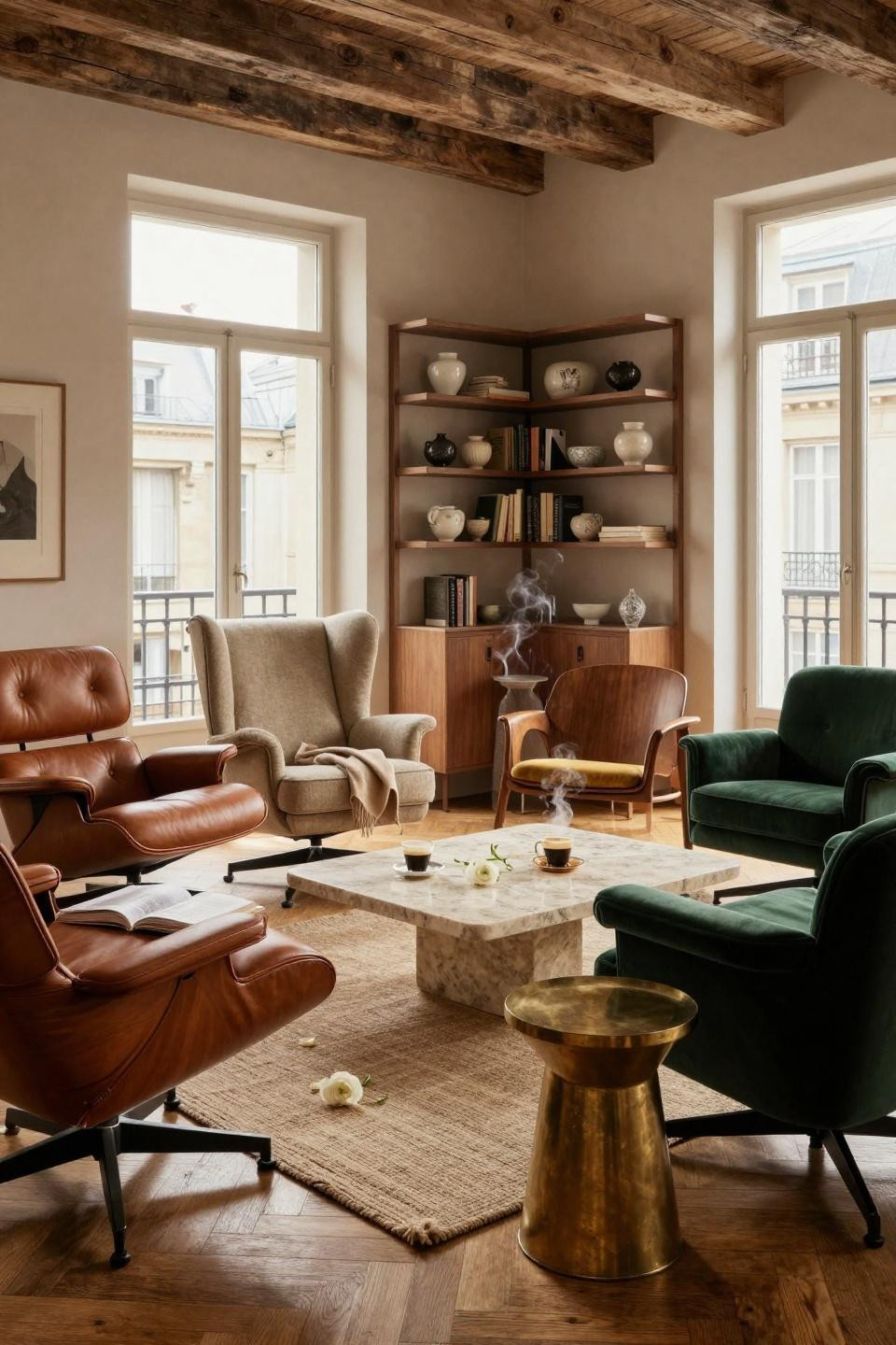 2 Chairs Sitting Area expanded to four distinct chair styles around travertine table