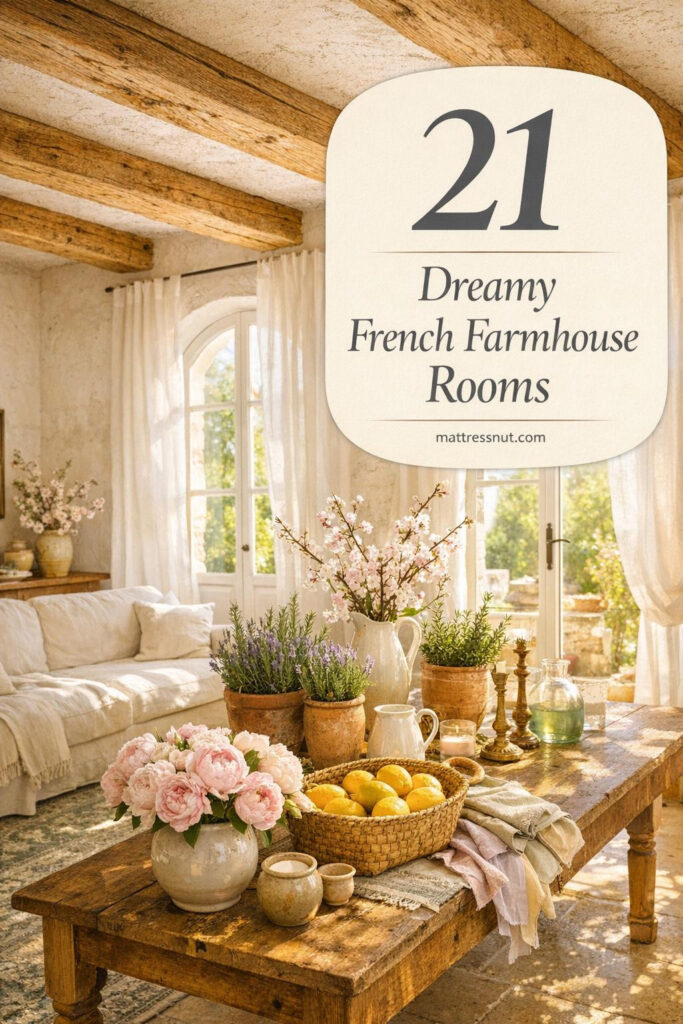 Sun-drenched living room with whitewashed walls, linen sofa, oak beams, lavender pots, cherry blossoms, and soft spring pastels