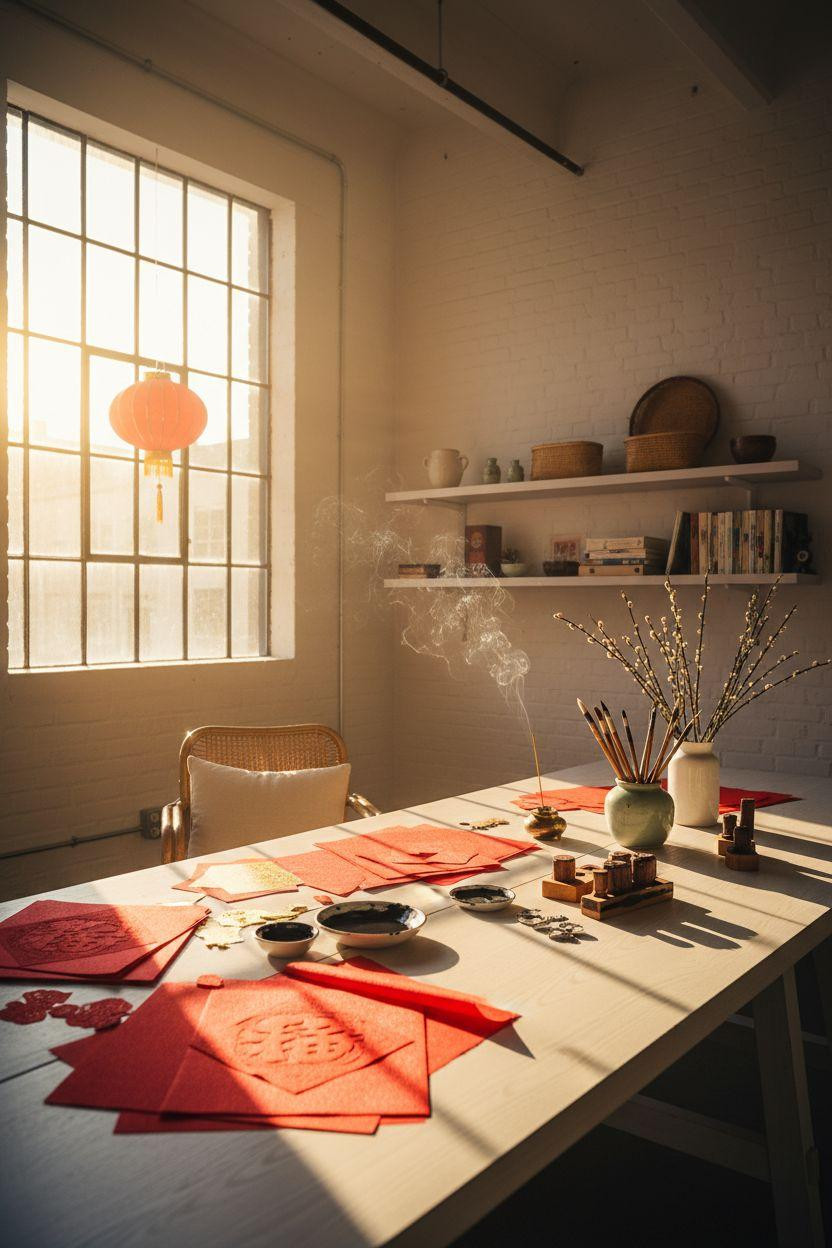 Chinese New Year crafts - Fu symbol crafting workspace