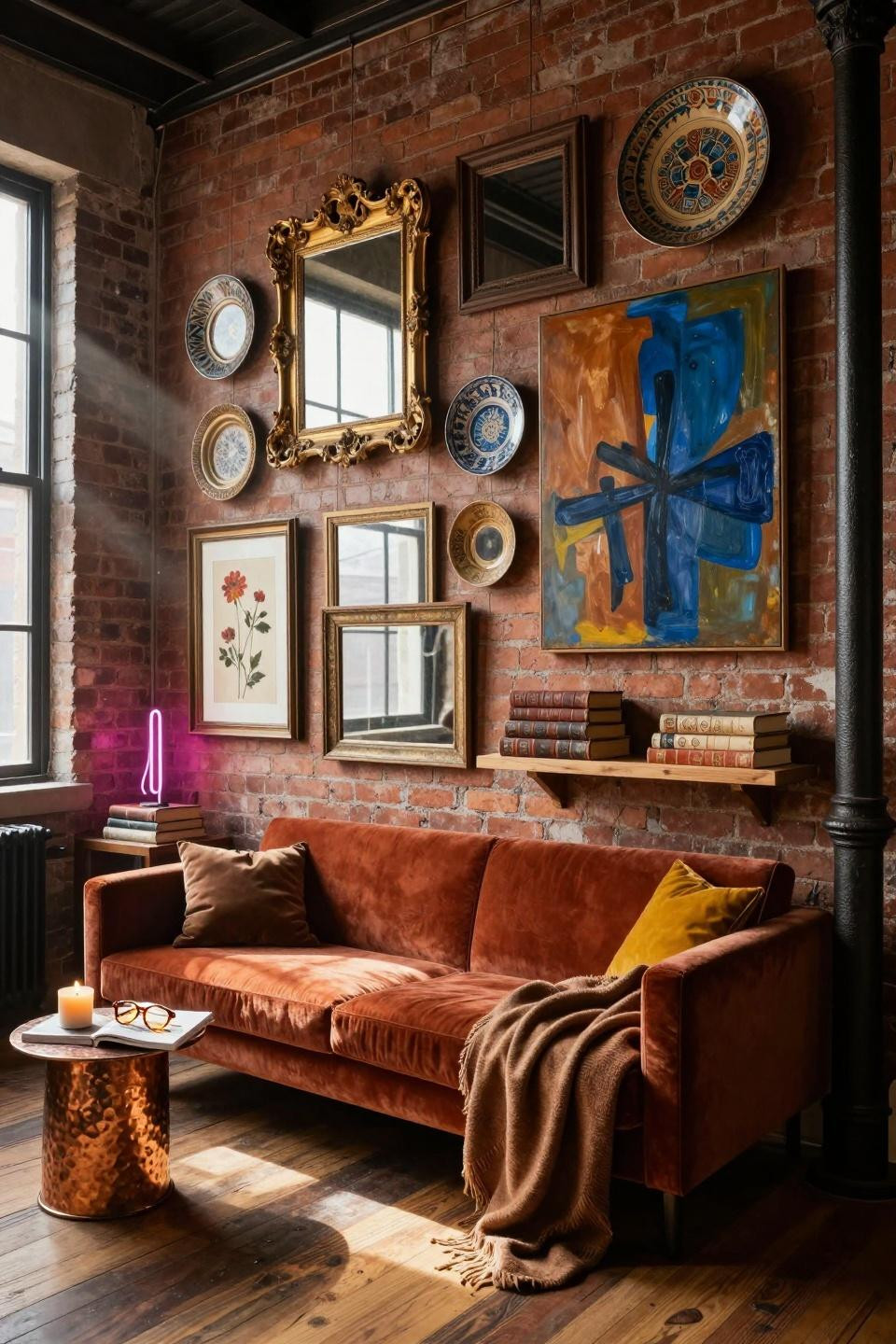 funky gallery wall with hand-painted ceramic plates and neon sculpture