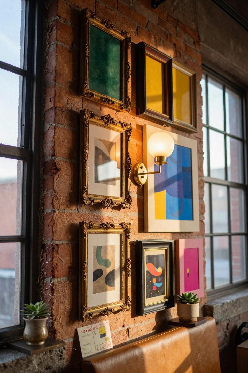 funky gallery wall with brass sconce and jewel tone paintings