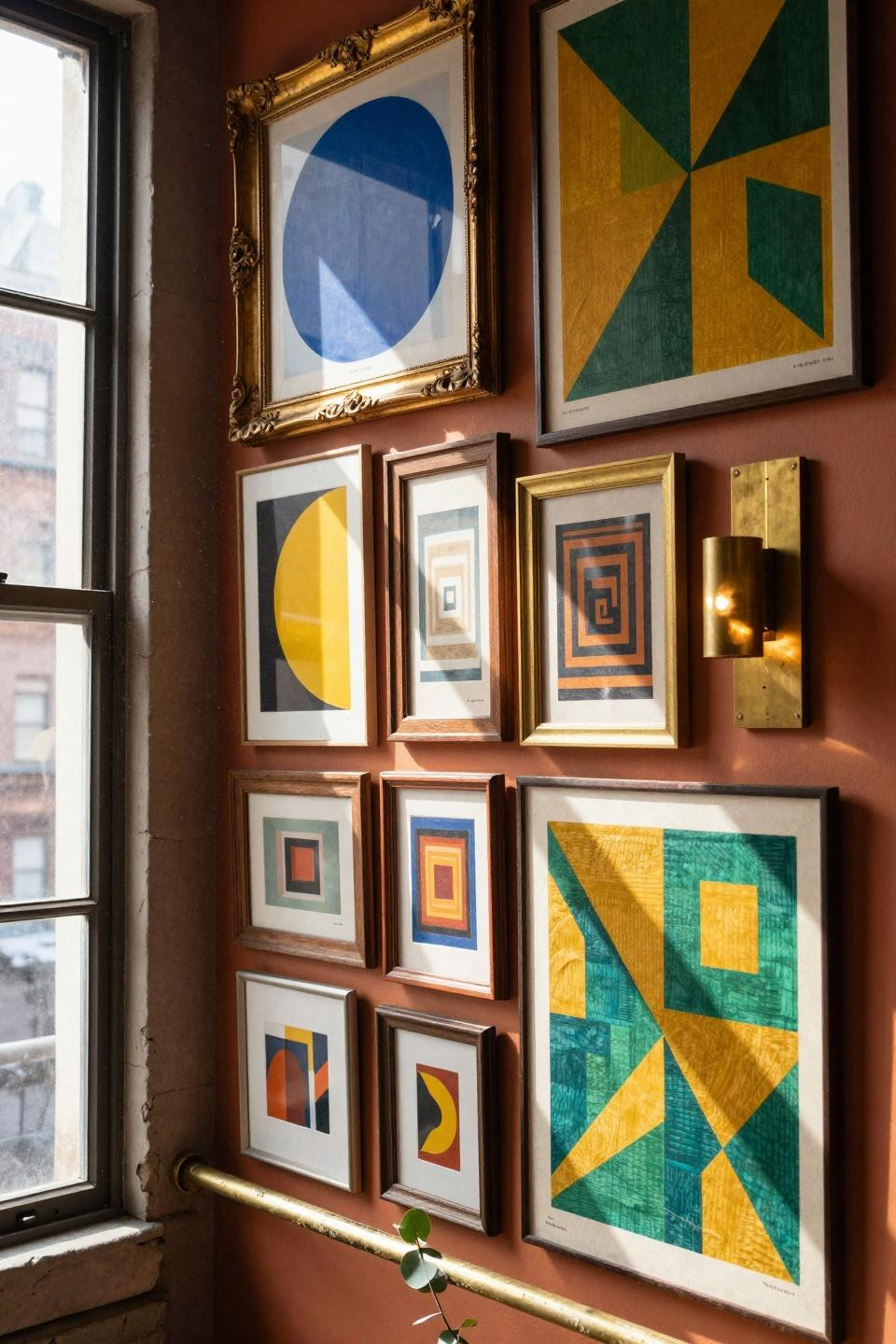funky gallery wall with geometric patterns and maximalist frames