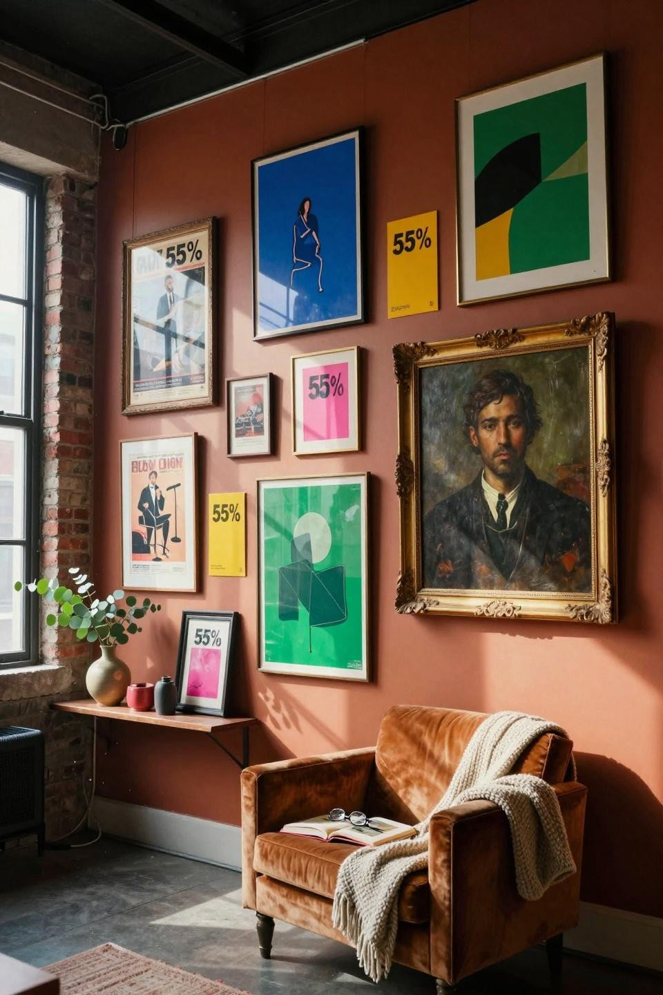 funky gallery wall in Brooklyn loft with burnt terracotta and blue