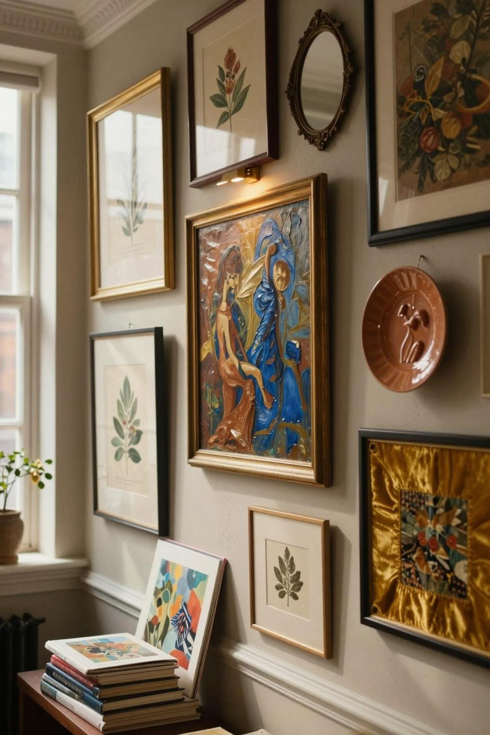 funky gallery wall with vintage botanical prints and brass frames