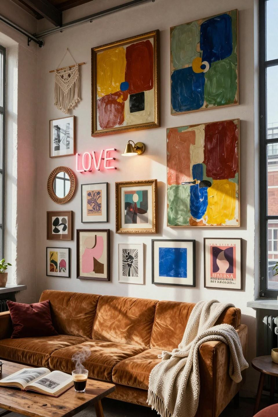 funky gallery wall overhead view with maximalist art display