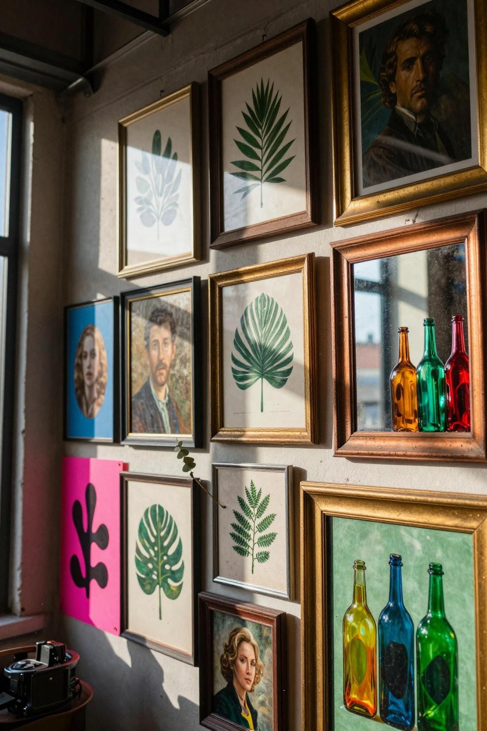 funky gallery wall with colorful vintage frames and brass accents