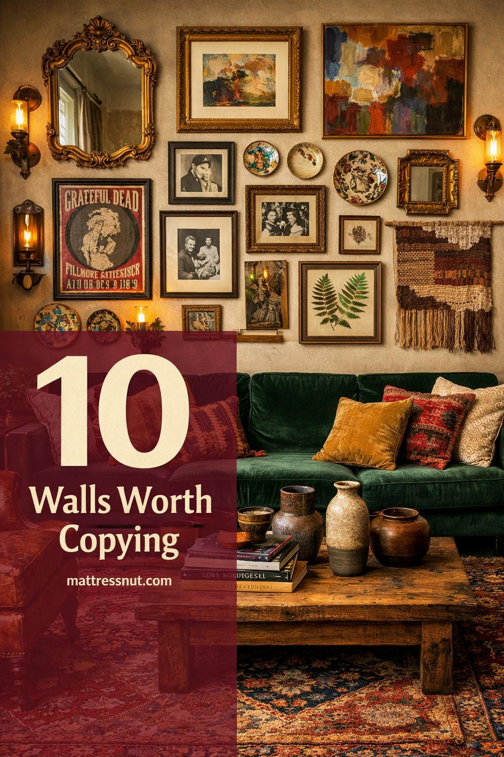 Eclectic gallery wall featuring mismatched frames, colorful artwork, vintage prints, and personal photos arranged asymmetrically