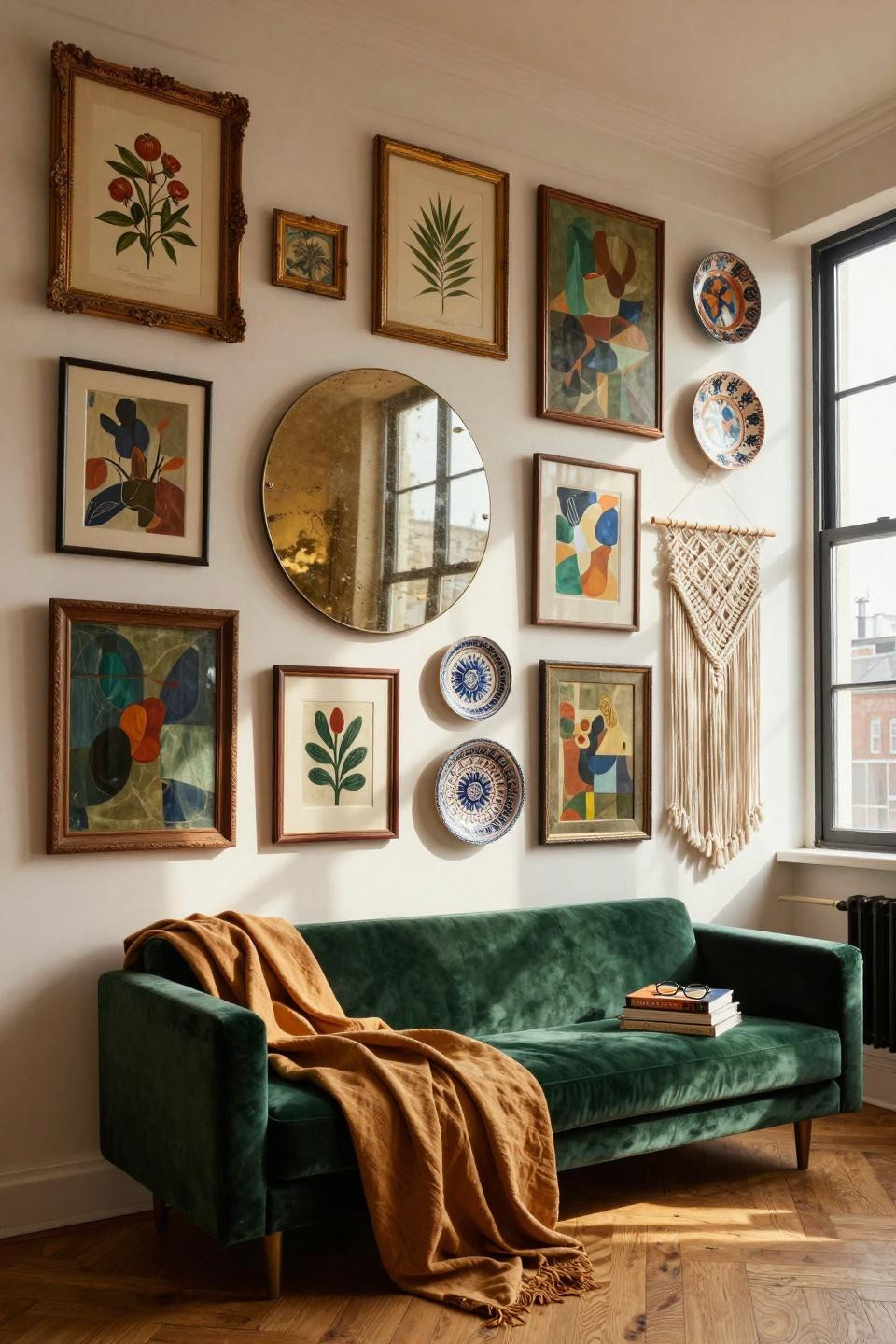 funky gallery wall with macramé hanging and mixed media art