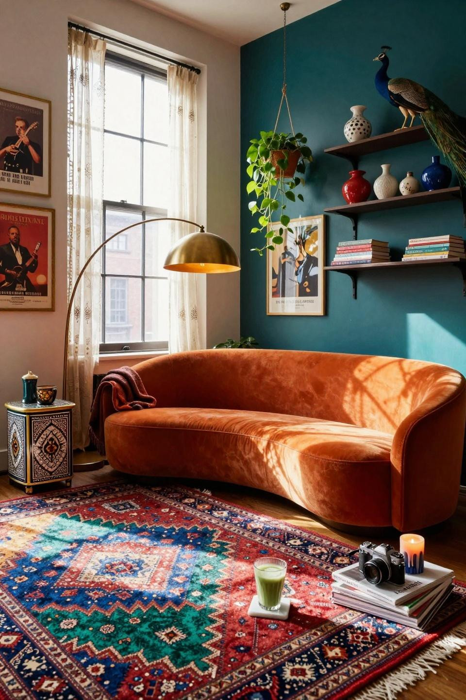 funky home decor - burnt orange curved sofa in loft