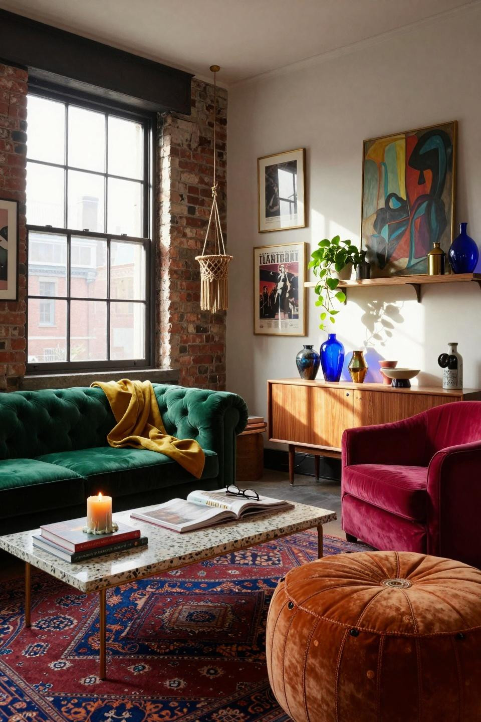 funky home decor - emerald sofa with layered vintage rugs