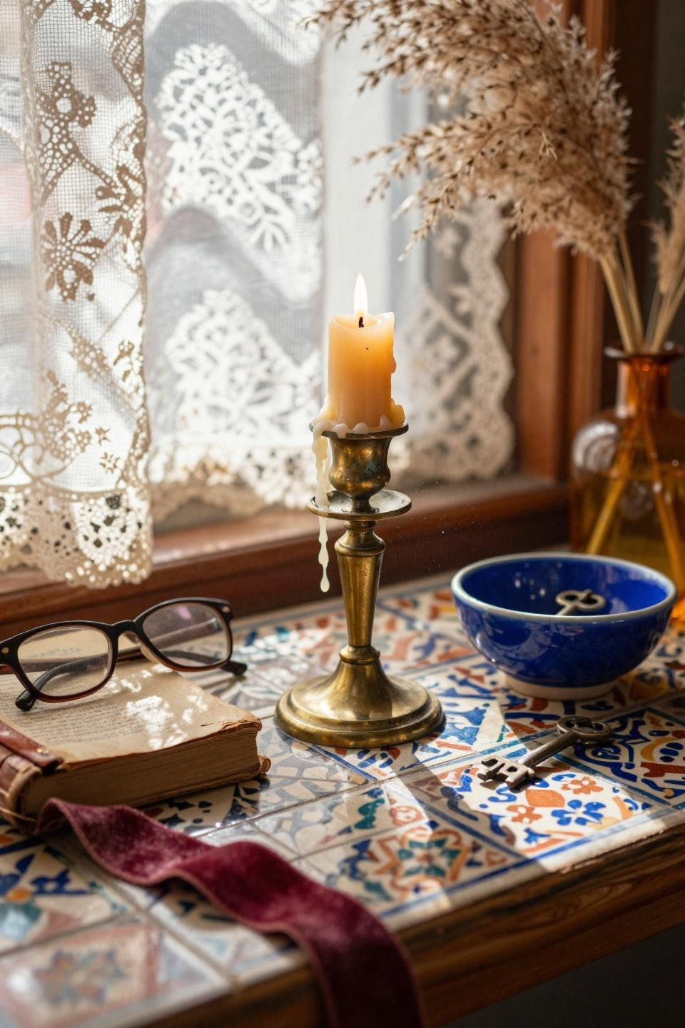 funky home decor - brass candlestick on painted tiles
