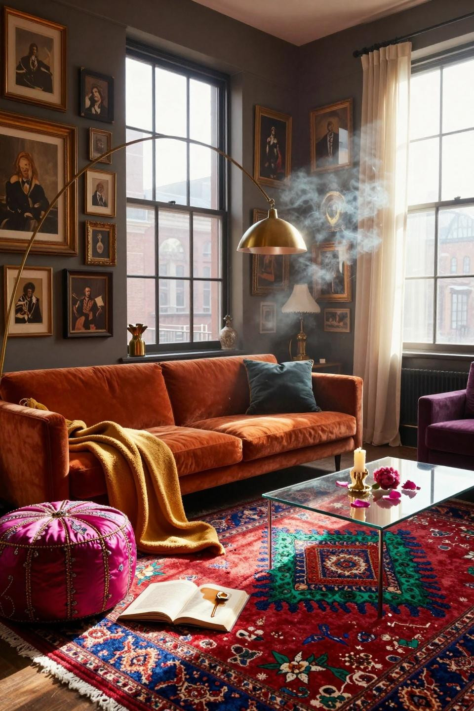 funky home decor - jewel-toned rug with salon art wall