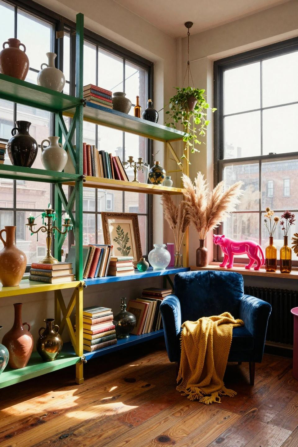 funky home decor - jewel-toned shelving with vintage finds