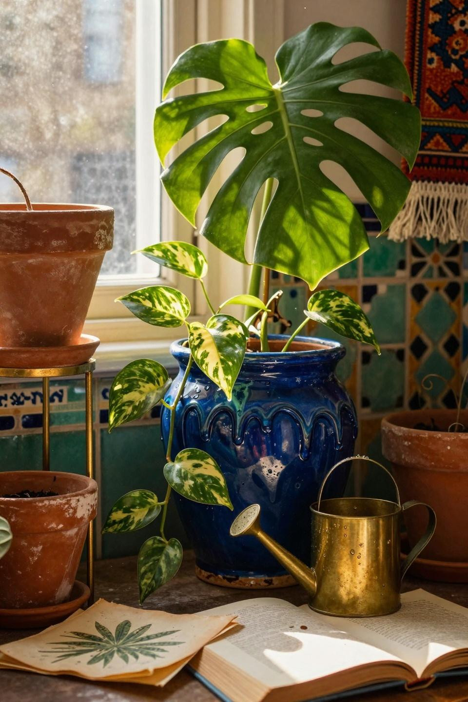 funky home decor - peacock blue planter with trailing plants