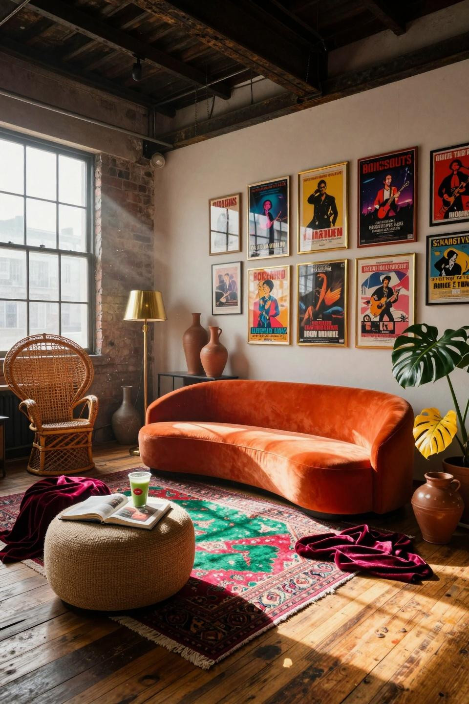 funky home decor - tangerine velvet sofa with vintage rattan