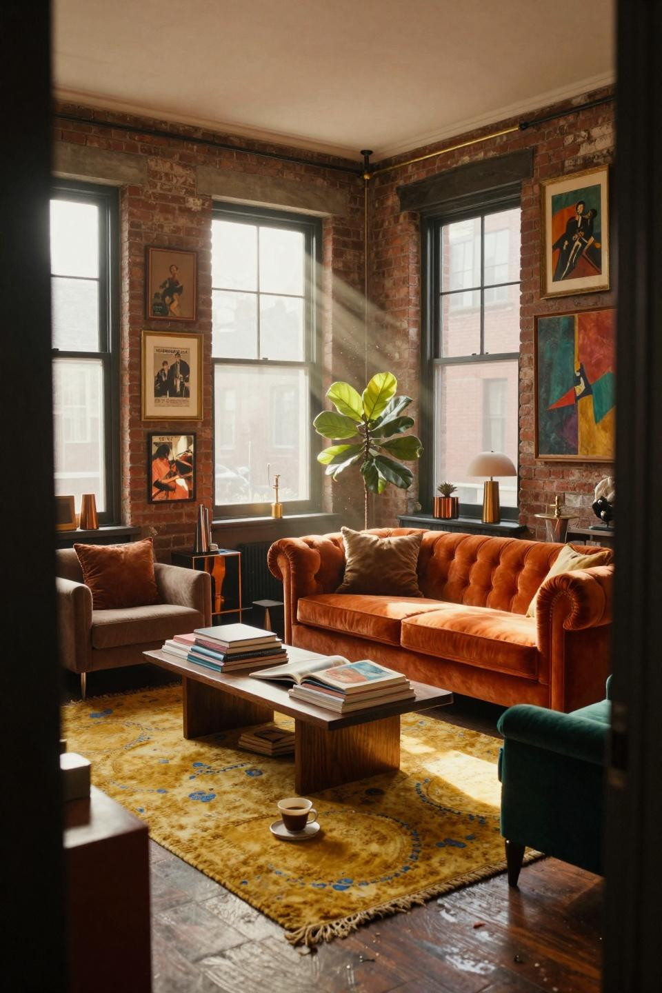 funky home decor - burnt orange sofa with mismatched frames