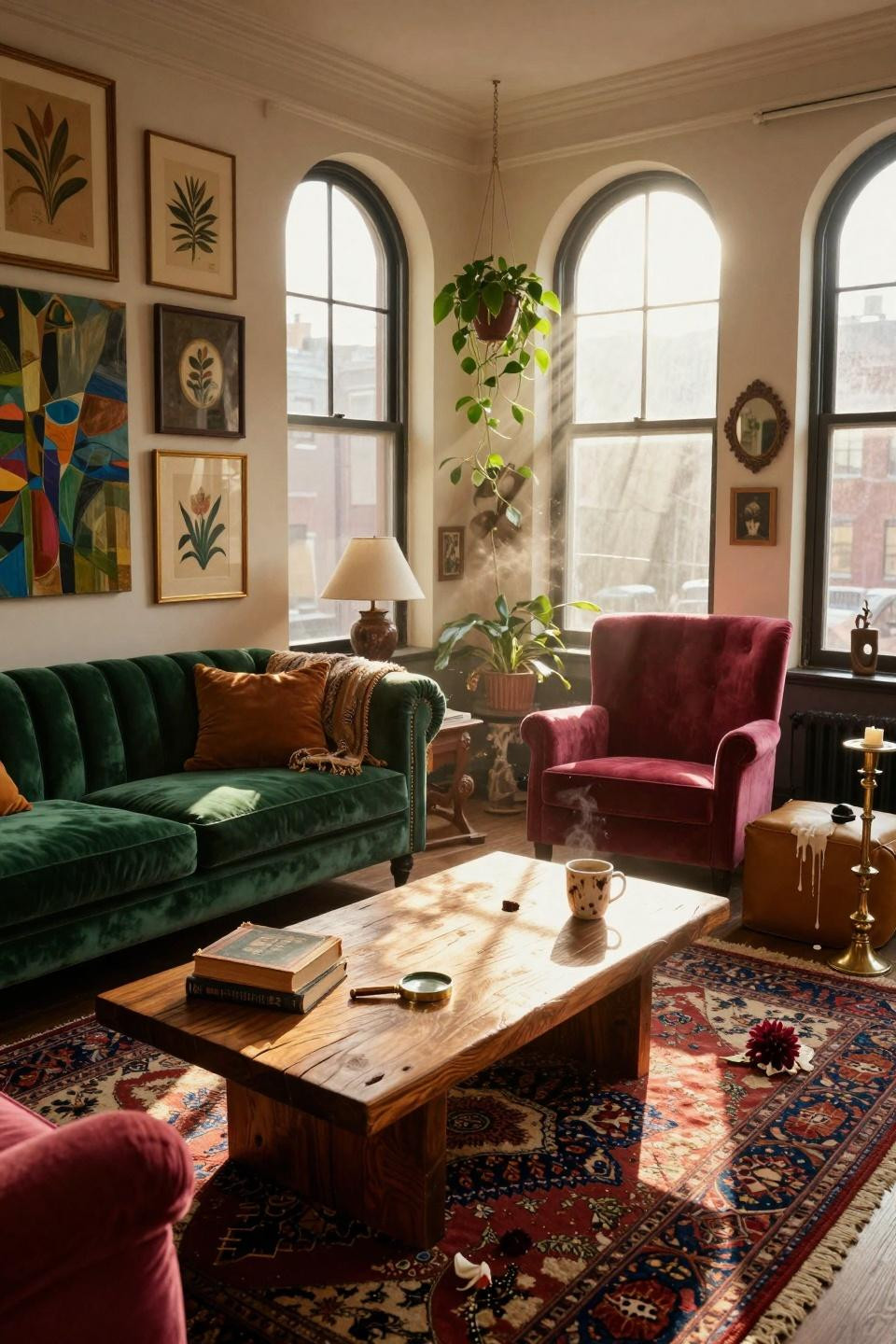 funky home decor - emerald sofa with salon-style art wall